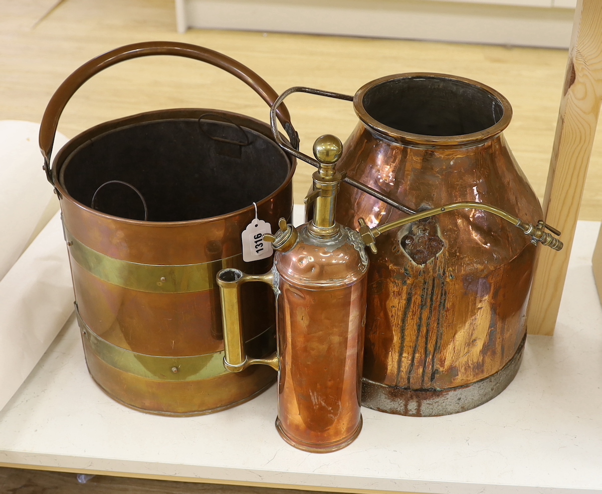A banded copper and brass bound pail, a copper churn and a Germstroud sprayer, churn 38cm high